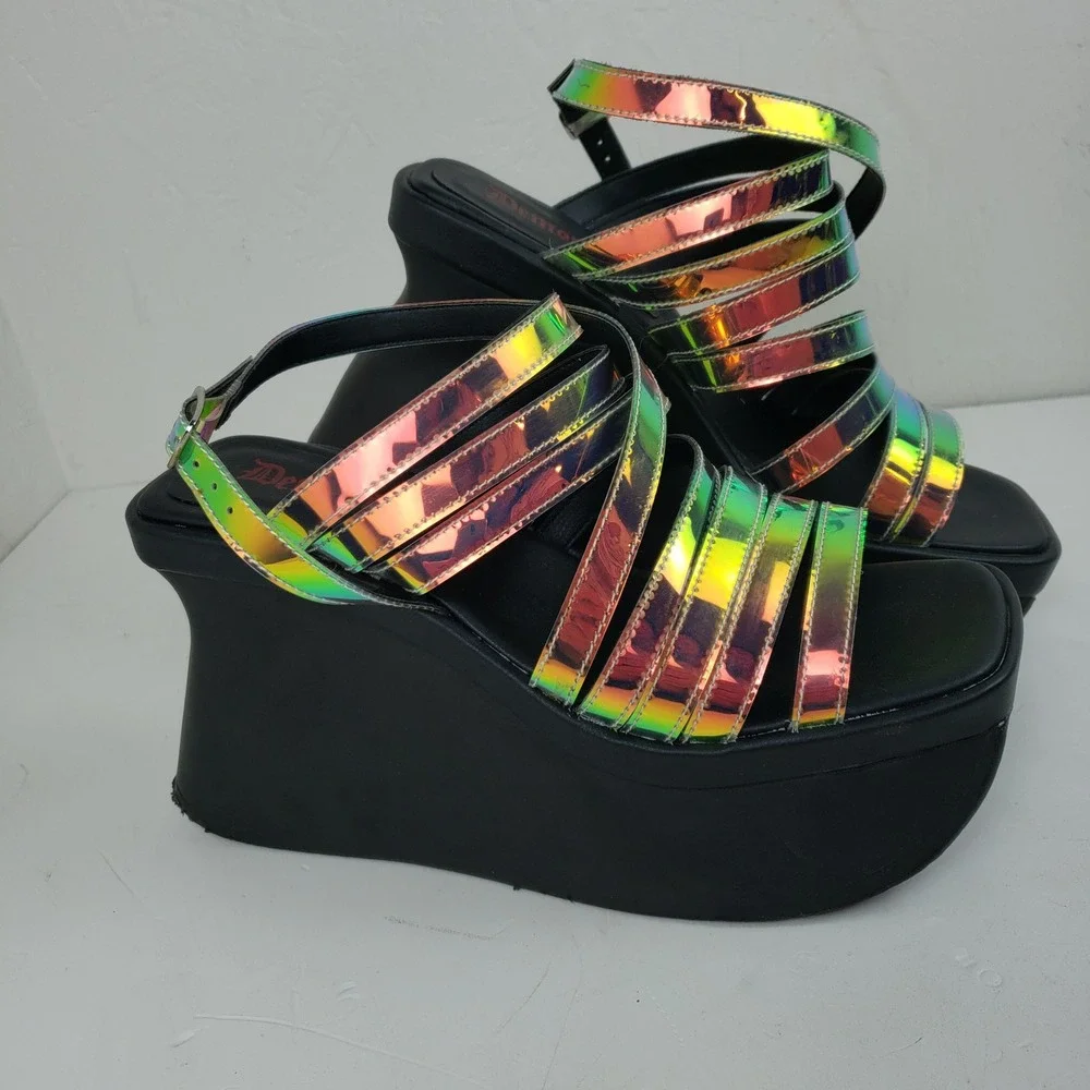 Demonia Womens 9 Holographic Iridescent Multi Strap Platform Wedge Sandal Gothic